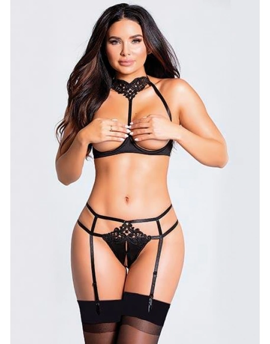 Siyah Göğüsü Açık Güpür Detaylı Fantezi Jartiyer Takımı