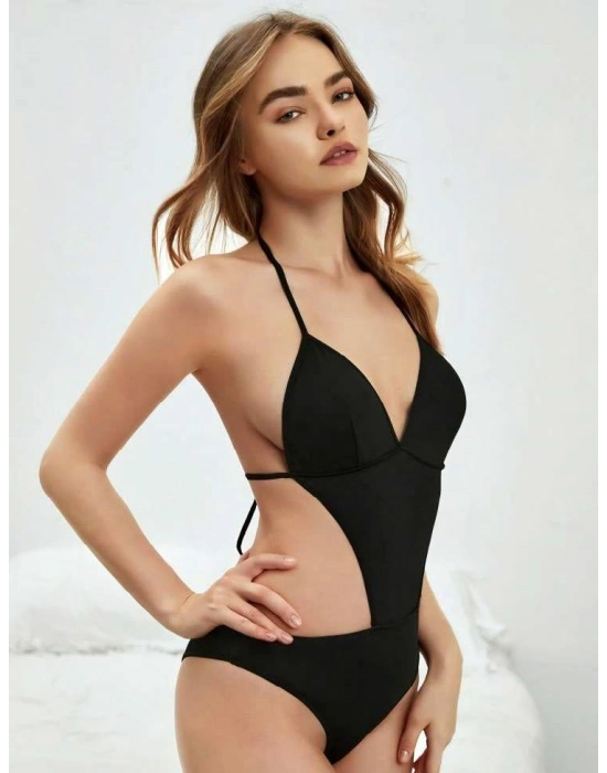 Siyah İp Detaylı Boyundan Bağlamalı Fantezi Babydoll