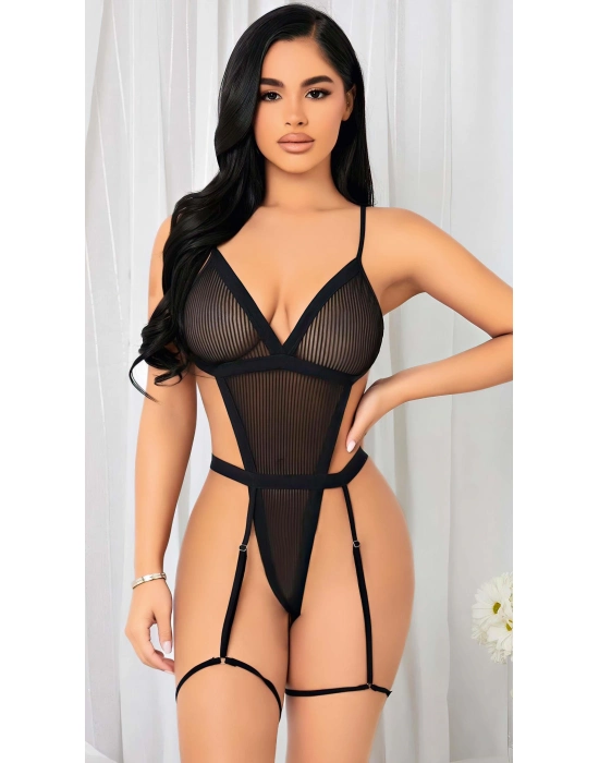 Siyah İp Detaylı Tül Fantezi Body