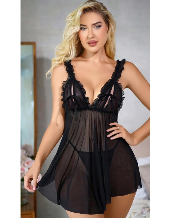 Siyah Kadın Fantazi Gecelik Tül Askı Ve Göğüs Fırfır Detaylı 2110
