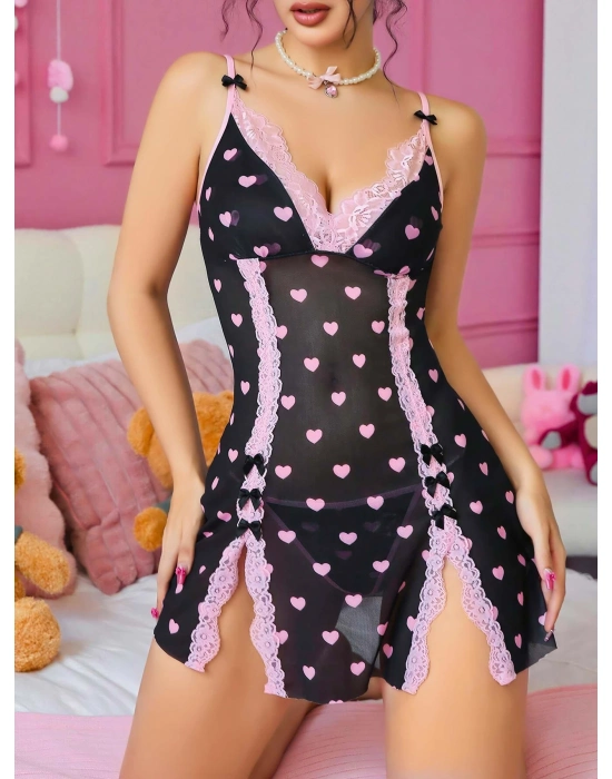 Siyah Kalp Desenli Dantel İşlemeli Fantezi Gecelik