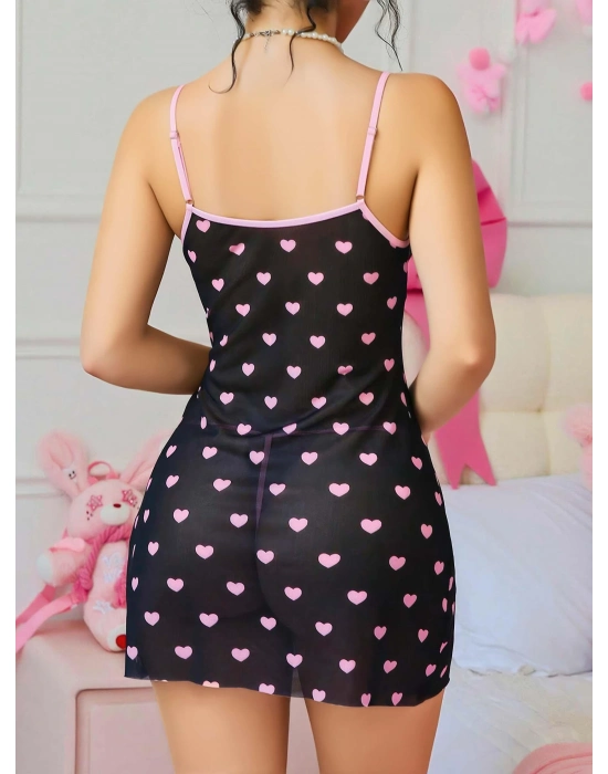 Siyah Kalp Desenli Dantel İşlemeli Fantezi Gecelik