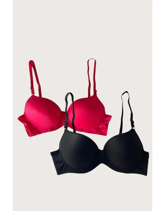 Siyah-kırmızı 2li Mikro Kumaş İçi Boş Balenli Günlük Desteksiz Sütyen