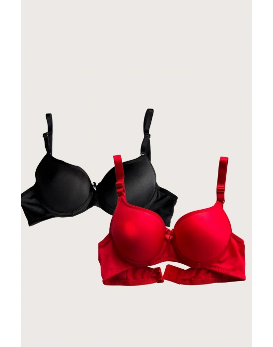 Siyah-kırmızı 2li Mikro Kumaş İçi Boş Balenli Günlük Desteksiz Sütyen