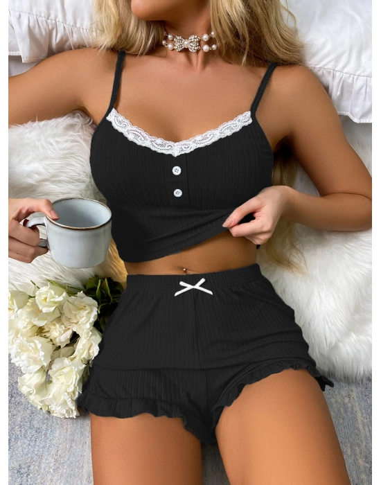 Siyah Likralı Düğmeli Yumuşacık 2li Pijama Takımı