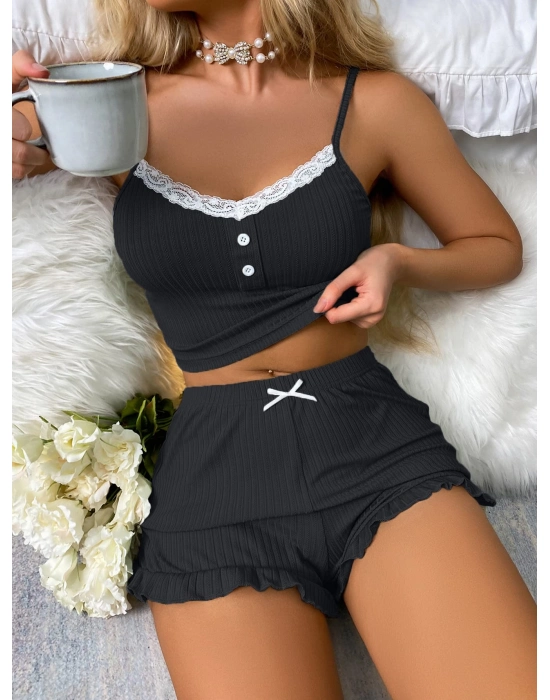 Siyah Likralı Düğmeli Yumuşacık 2li Pijama Takımı