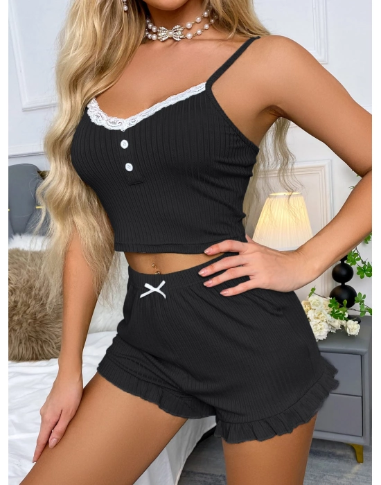 Siyah Likralı Düğmeli Yumuşacık 2li Pijama Takımı