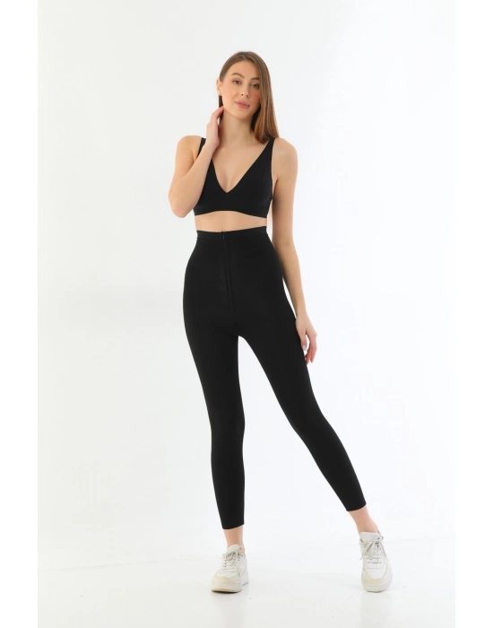 Siyah Mı 2711 Lazer Kesim Fermuarlı Uzun Tayt