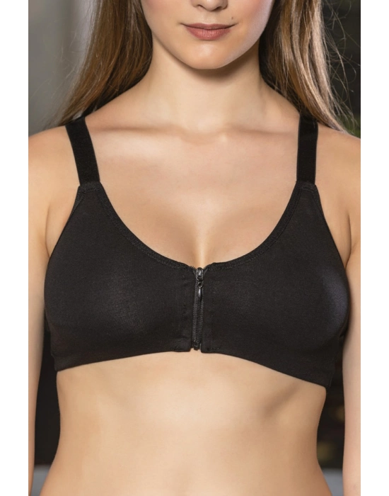 Siyah Önden Fermuarlı Pamuklu Sütyen,günlük Ve Medikal Kullanım İçin, Kadın İç Giyim