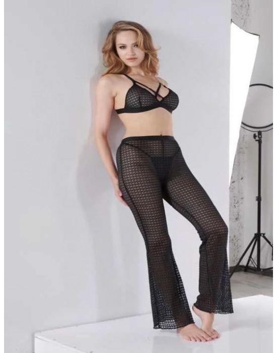 Siyah Transparan Göğüs İp Detaylı Fantezi Sütyen Pijama Takımı