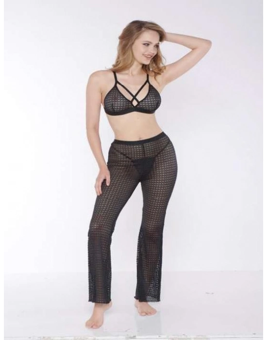 Siyah Transparan Göğüs İp Detaylı Fantezi Sütyen Pijama Takımı