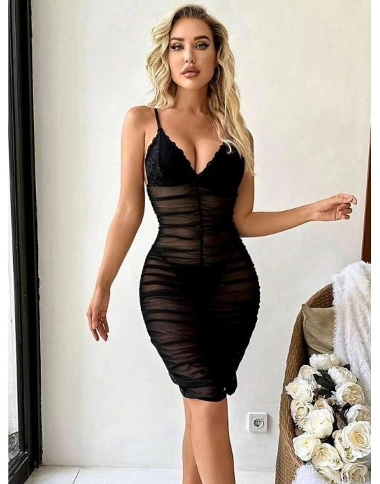 Siyah Transparan Tül Büzgülü Fantezi Gecelik