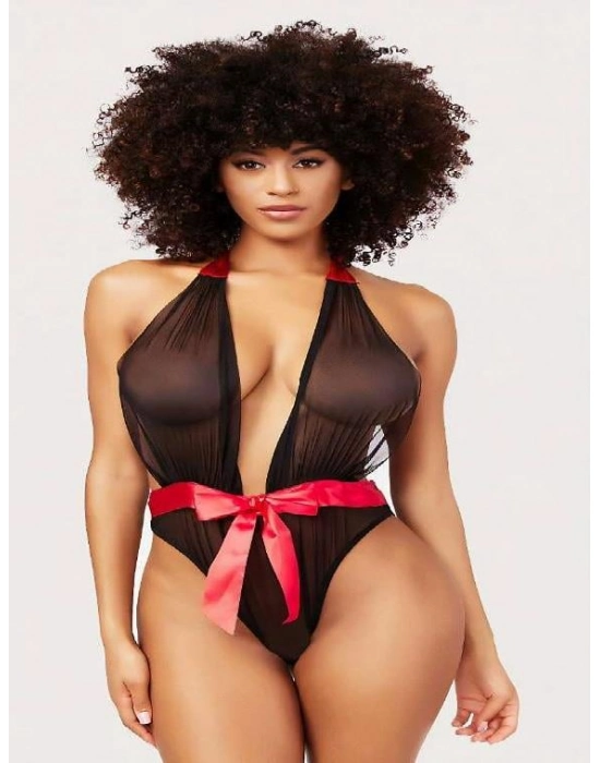 Siyah Transparan Tül Kırmızı Kurdelalı Fantezi Babydoll