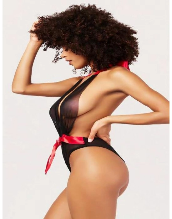 Siyah Transparan Tül Kırmızı Kurdelalı Fantezi Babydoll