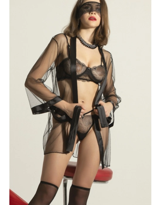 Siyah Transparan Tül Sabahlık Ve Jartiyerli Fantazi İç Giyim Seti 5li,seksi Dantelli Gecelik Takımı