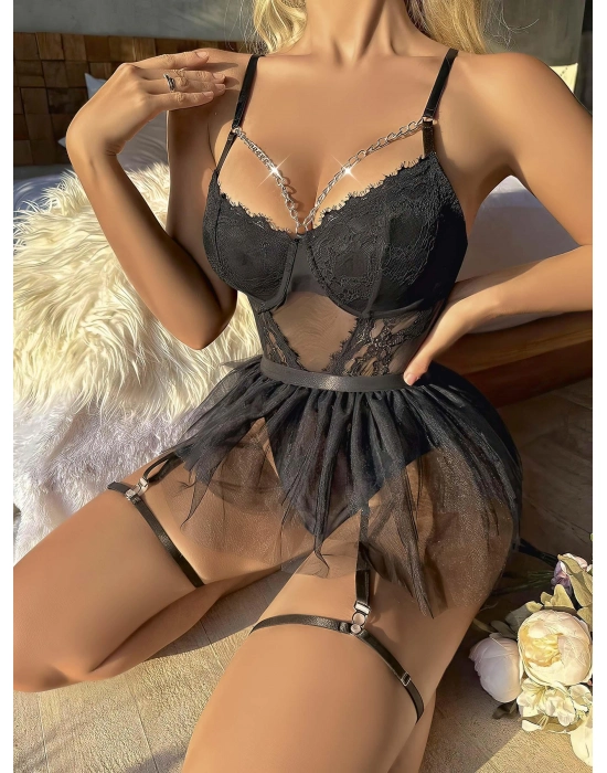 Siyah Tül Etekli Jartiyer Fantezi Takım 2080