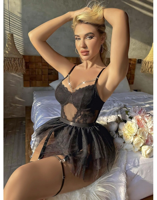 Siyah Tül Etekli Jartiyer Fantezi Takım 2080