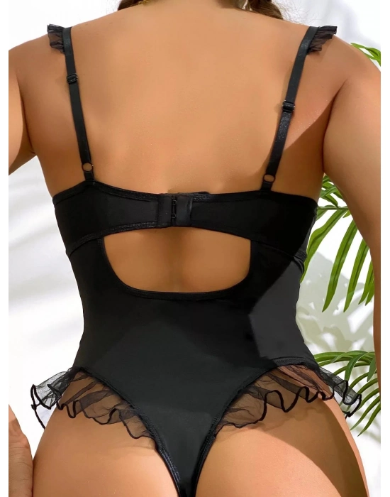 Siyah Tül İşlemeli Fantezi Body