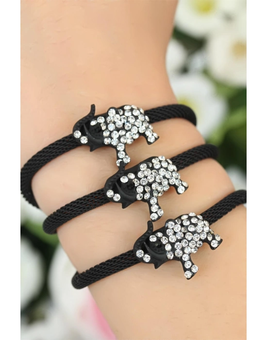 Siyah  Zirkon Taşlı Fil Aksesuarlı Metal Bayan Bileklik - Bamido