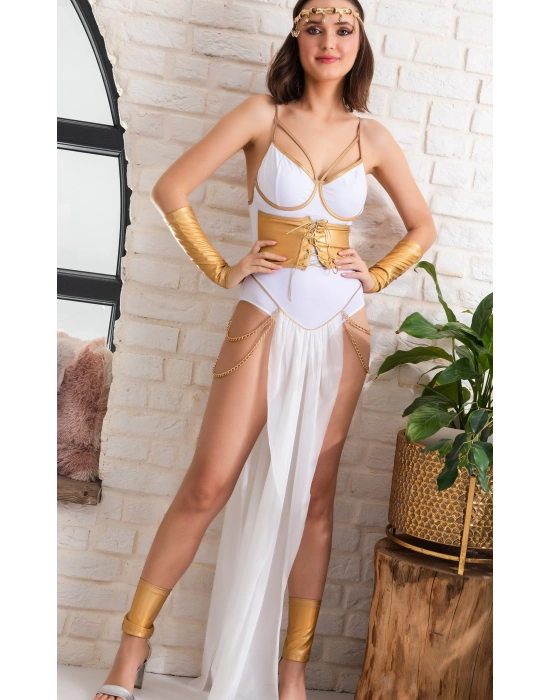 Tanrıça Temalı Beyaz Altın Seksi Fantazi İç Giyim Kostüm,zincir Detaylı, Transparan Şifon Etekli Set