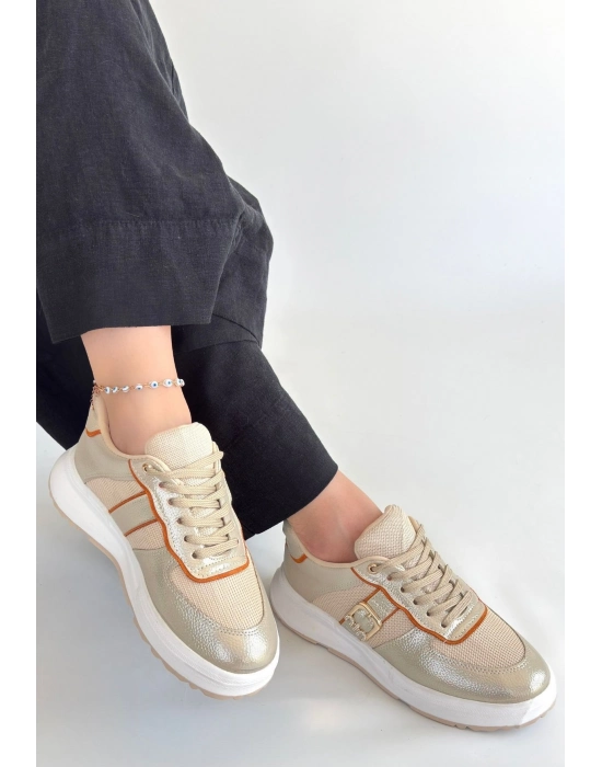 Tanwe Bej Cilt Bağcıklı Spor Ayakkabı - Bamido