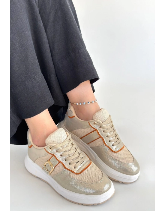 Tanwe Bej Cilt Bağcıklı Spor Ayakkabı - Bamido