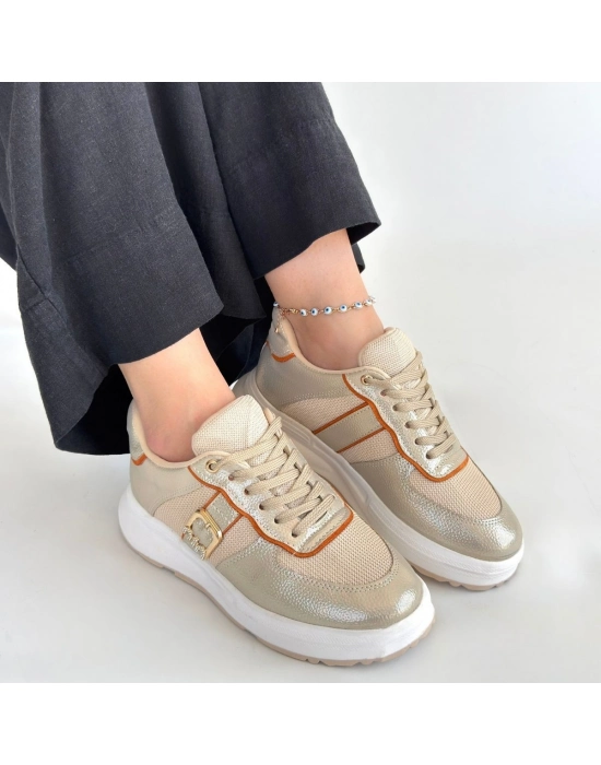 Tanwe Bej Cilt Bağcıklı Spor Ayakkabı - Bamido