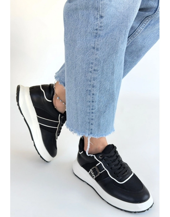 Tanwe Siyah Cilt Bağcıklı Spor Ayakkabı - Bamido