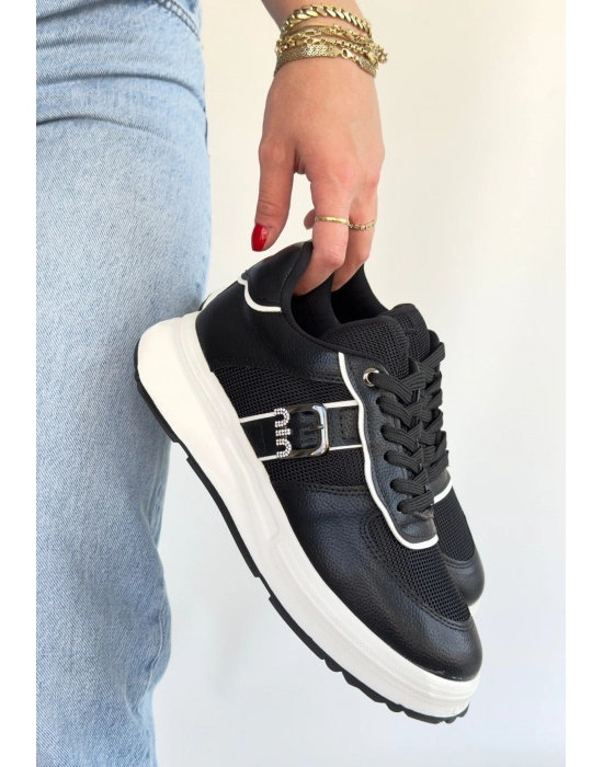 Tanwe Siyah Cilt Bağcıklı Spor Ayakkabı - Bamido