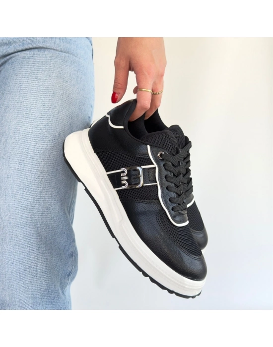 Tanwe Siyah Cilt Bağcıklı Spor Ayakkabı - Bamido