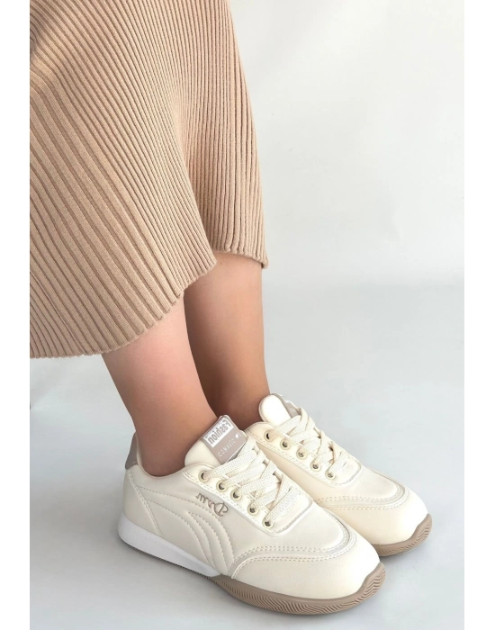 Tawen Bej Cilt Bağcıklı Spor Ayakkabı - Bamido