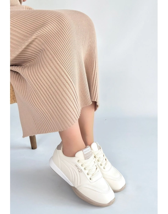 Tawen Bej Cilt Bağcıklı Spor Ayakkabı - Bamido