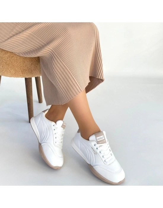 Tawen Beyaz Cilt Bağcıklı Spor Ayakkabı - Bamido