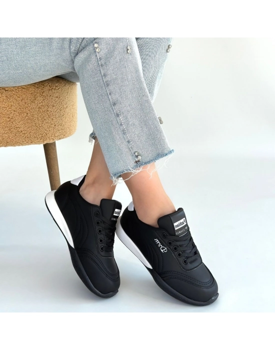 Tawen Siyah Cilt Bağcıklı Spor Ayakkabı - Bamido