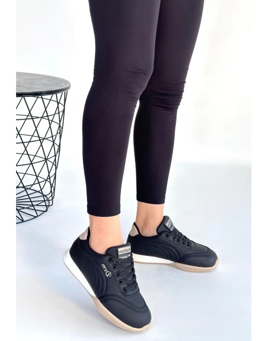 Tawen Siyah Cilt Bej Tabanlı Bağcıklı Spor Ayakkabı - Bamido