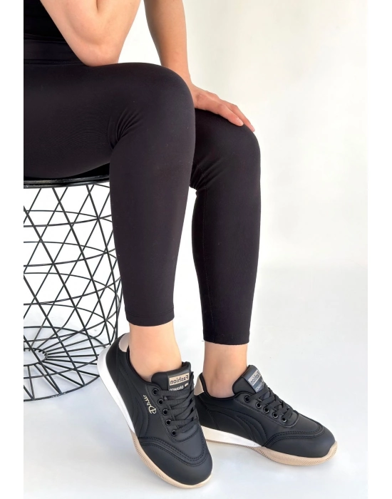 Tawen Siyah Cilt Bej Tabanlı Bağcıklı Spor Ayakkabı - Bamido