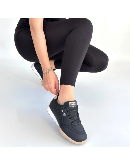 Tawen Siyah Cilt Bej Tabanlı Bağcıklı Spor Ayakkabı - Bamido