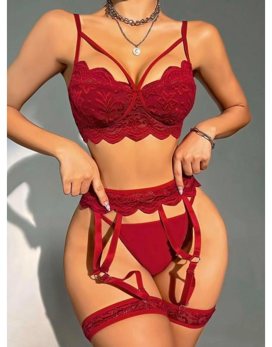 Transparan Bordo Dantel İşlemeli Sütyenli Jartiyer Takımı