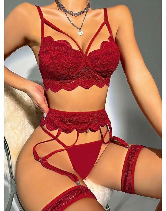 Transparan Bordo Dantel İşlemeli Sütyenli Jartiyer Takımı