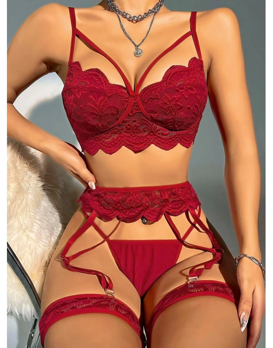 Transparan Bordo Dantel İşlemeli Sütyenli Jartiyer Takımı