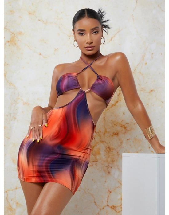 Transparan Detaylı Omuz Dekolteli Mini Fantezi Elbise