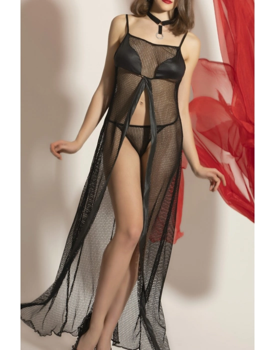 Transparan Fileli Uzun Babydoll Takım,dantel Detaylı Gecelik,tanga,boyunluk 3lü Set