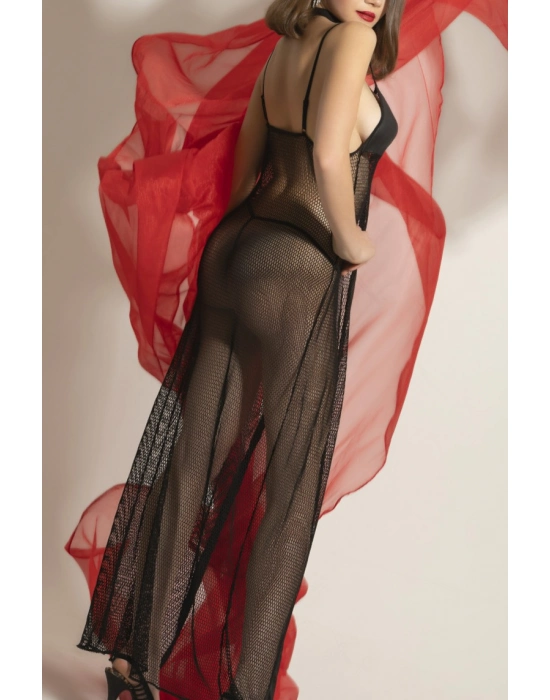 Transparan Fileli Uzun Babydoll Takım,dantel Detaylı Gecelik,tanga,boyunluk 3lü Set