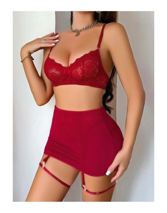 Transparan Kırmızı Dantel İşlemeli Fantezi Bacak Bantlı Etekli Jartiyer Takımı