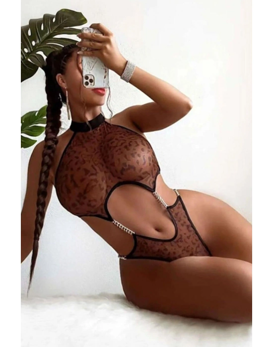 Transparan Leopar Desenli Zincir Detaylı Fantezi Body