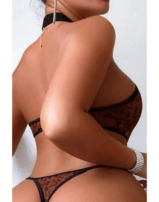 Transparan Leopar Desenli Zincir Detaylı Fantezi Body