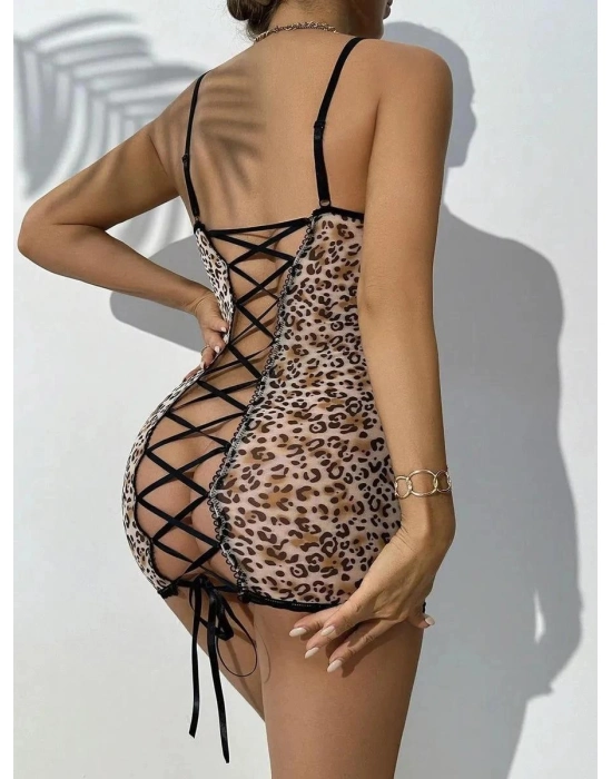 Transparan Leopar Tül Arkası Çapraz İpli Fantezi Gecelik