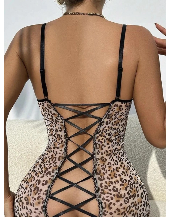 Transparan Leopar Tül Arkası Çapraz İpli Fantezi Gecelik