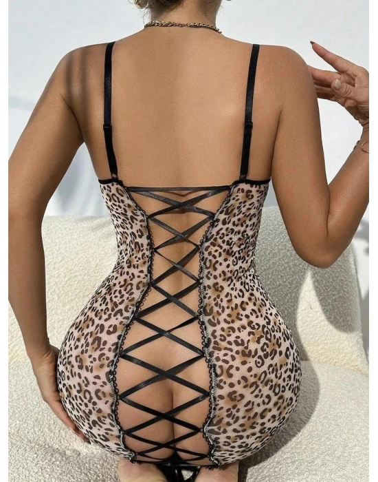 Transparan Leopar Tül Arkası Çapraz İpli Fantezi Gecelik