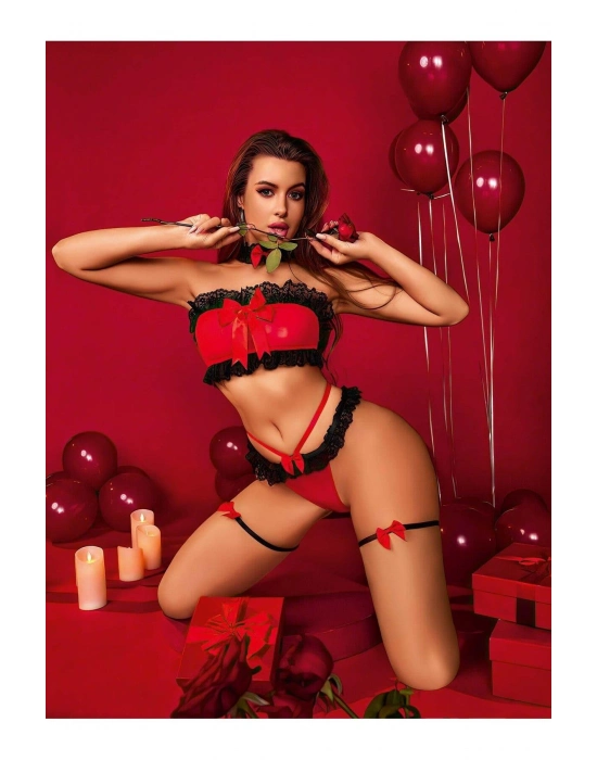 Transparan Siyah-kırmızı Fantezi Bacak Bantlı Sütyen Külot Takımı